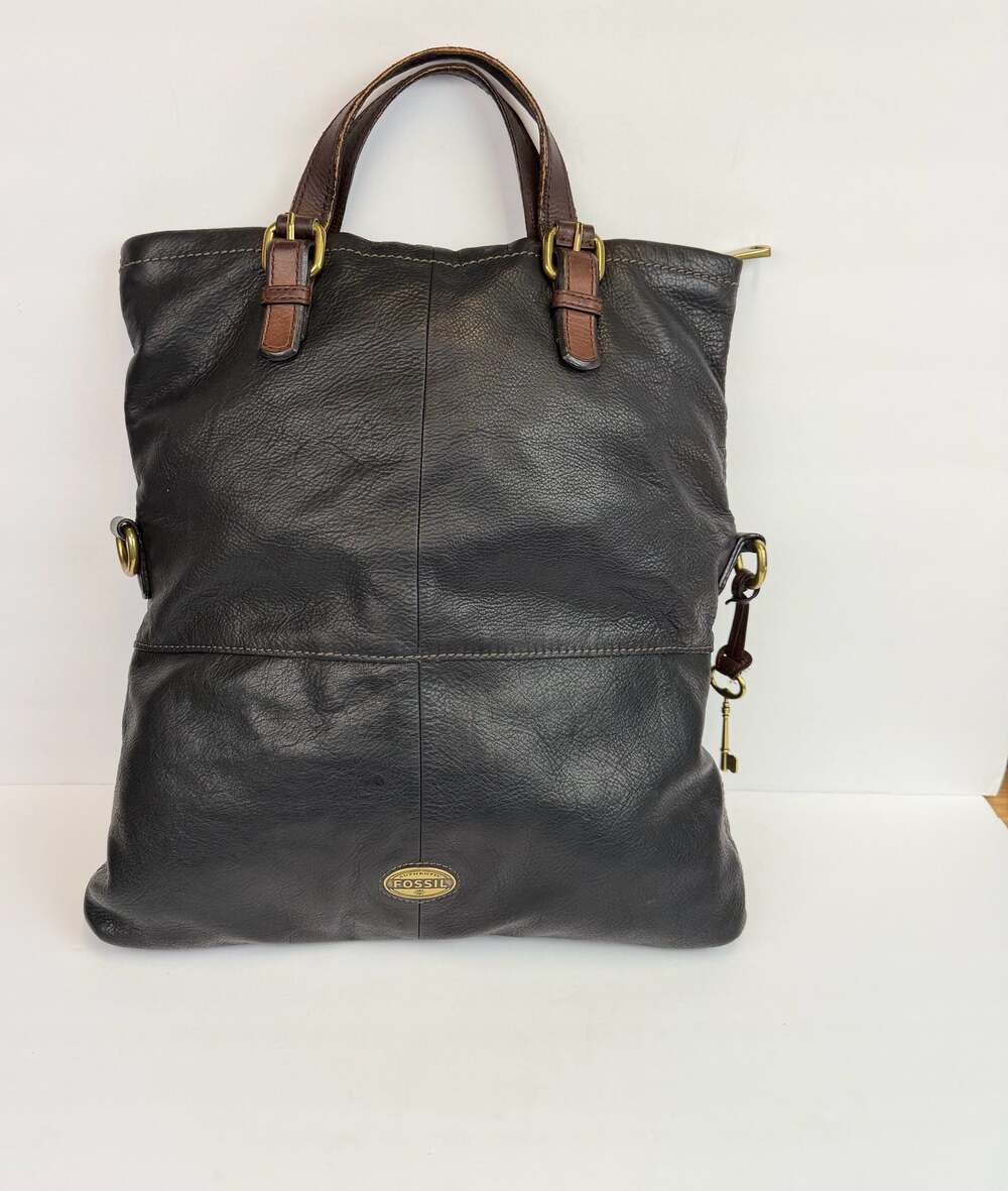 Fossil Explorer Foldover Black Leather Crossbody Messenger Tote Bag